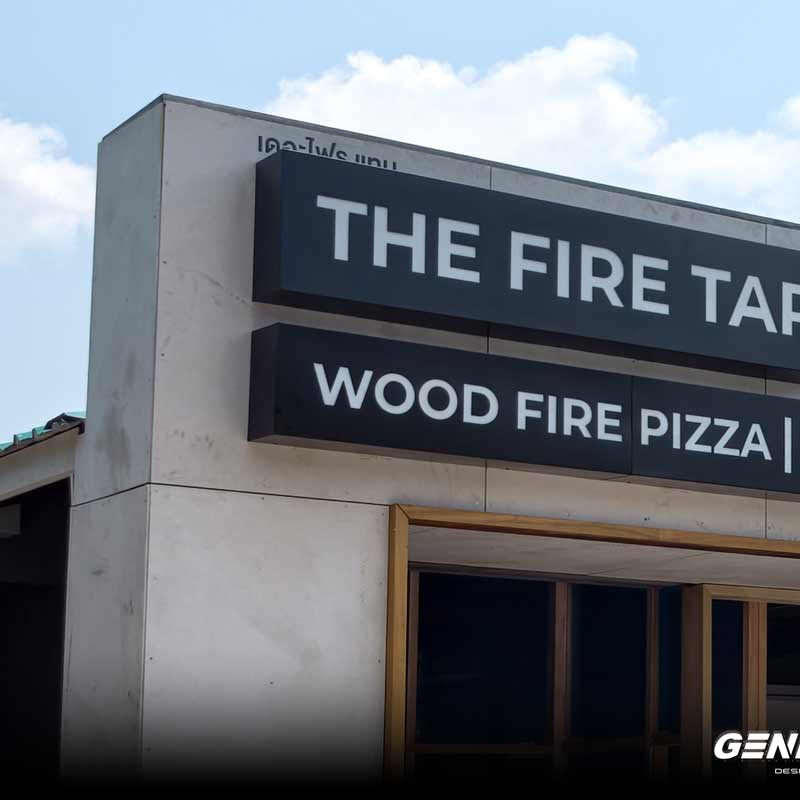 รายละเอียดป้ายกล่องไฟภาษาอังกฤษ THE FIRE TAP และ WOOD FIRE PIZZA